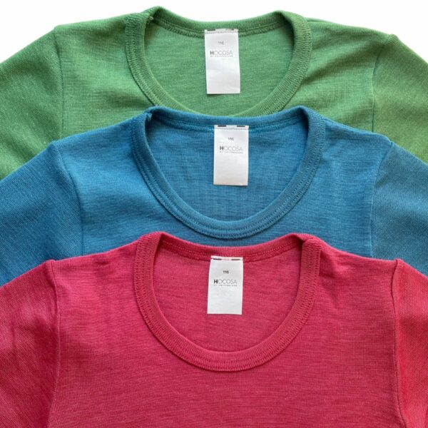 Wolle-Seide T-Shirt für Kinder - Sommerwolle - Lilinki Hocosa Rubinrot Meeresblau Waldgrün Rundhals