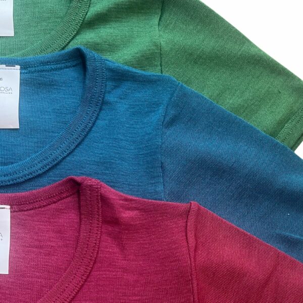 Wolle-Seide T-Shirt für Kinder - Sommerwolle - Lilinki Hocosa Rubinrot Meeresblau Waldgrün Kurzarm