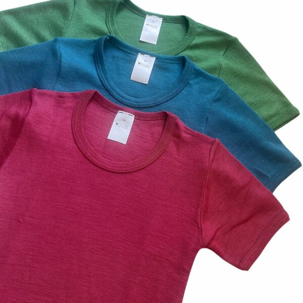 Wolle-Seide T-Shirt für Kinder - Sommerwolle - Lilinki Hocosa Rubinrot Meeresblau Waldgrün